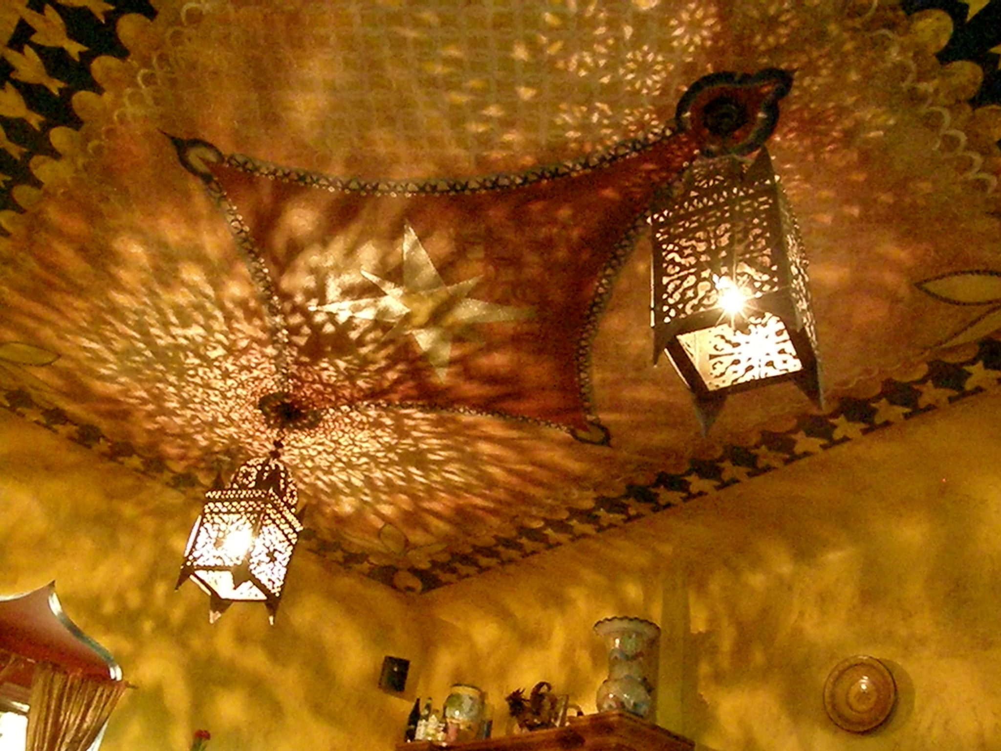 ceiling mural and lanterns